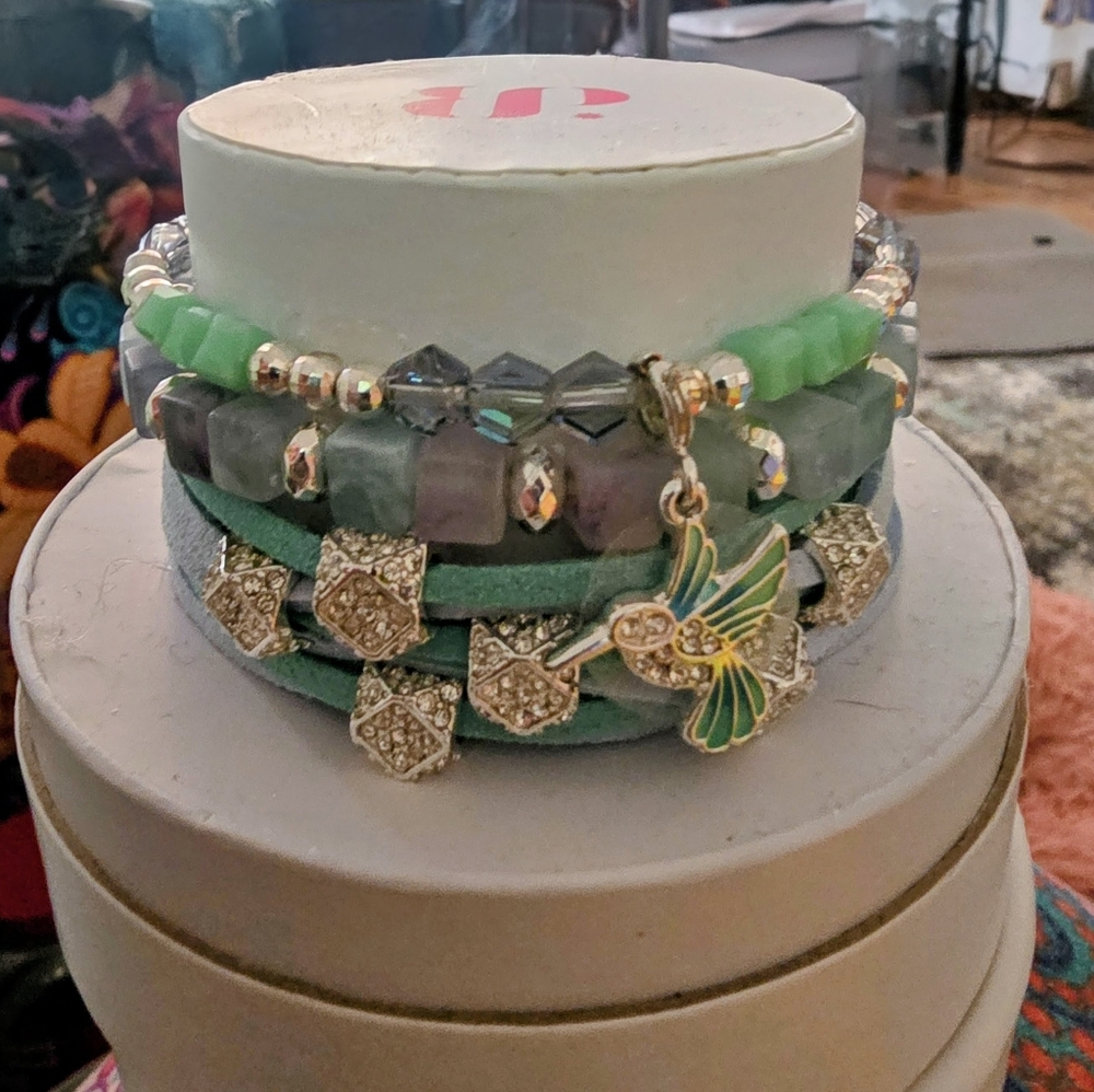 Green and Silver Beaded Bracelet Set Twenty twenty three angelic hummingbird